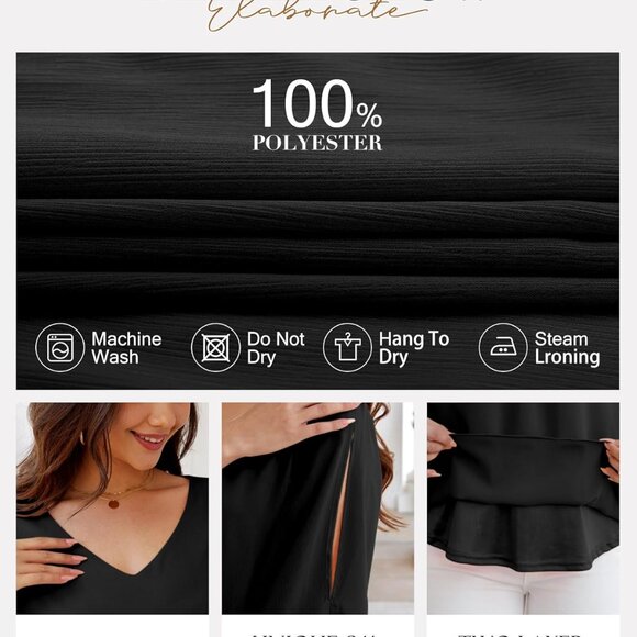 Womens Ruffle 3/4 Sleeve V Neck Double Layers Chiffon Blouses Dressy Tops - Picture 4 of 5